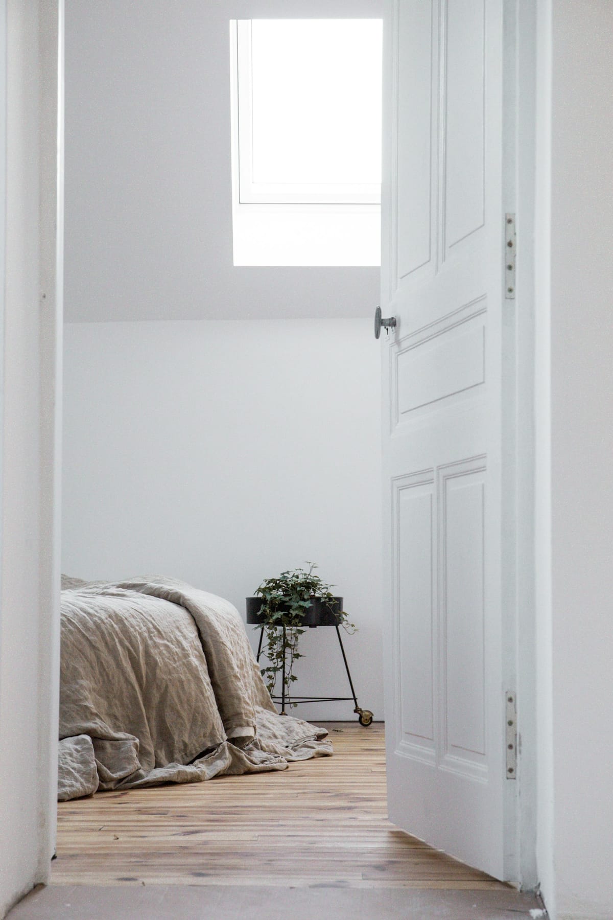 An open door to a bright, calm bedroom with a skylight, a linen duvet, and a trailing plant
